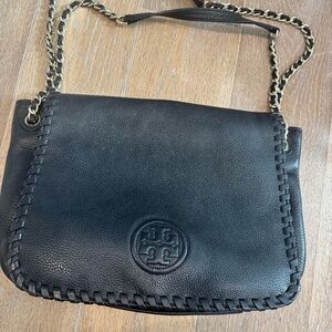 Tory Burch Marion Black Leather Flap Shoulder Bag with Chain Strap and Trim